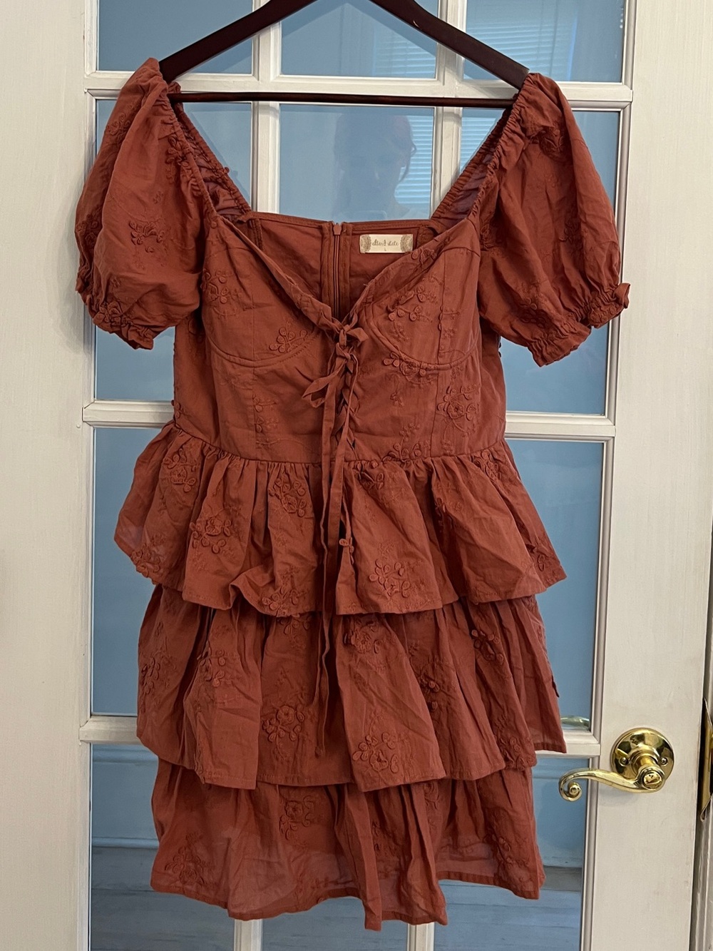 ALTAR’D STATE Women’s Cedarwood Eyelet Corset Tiered Ruffle Mini Dress NWT L